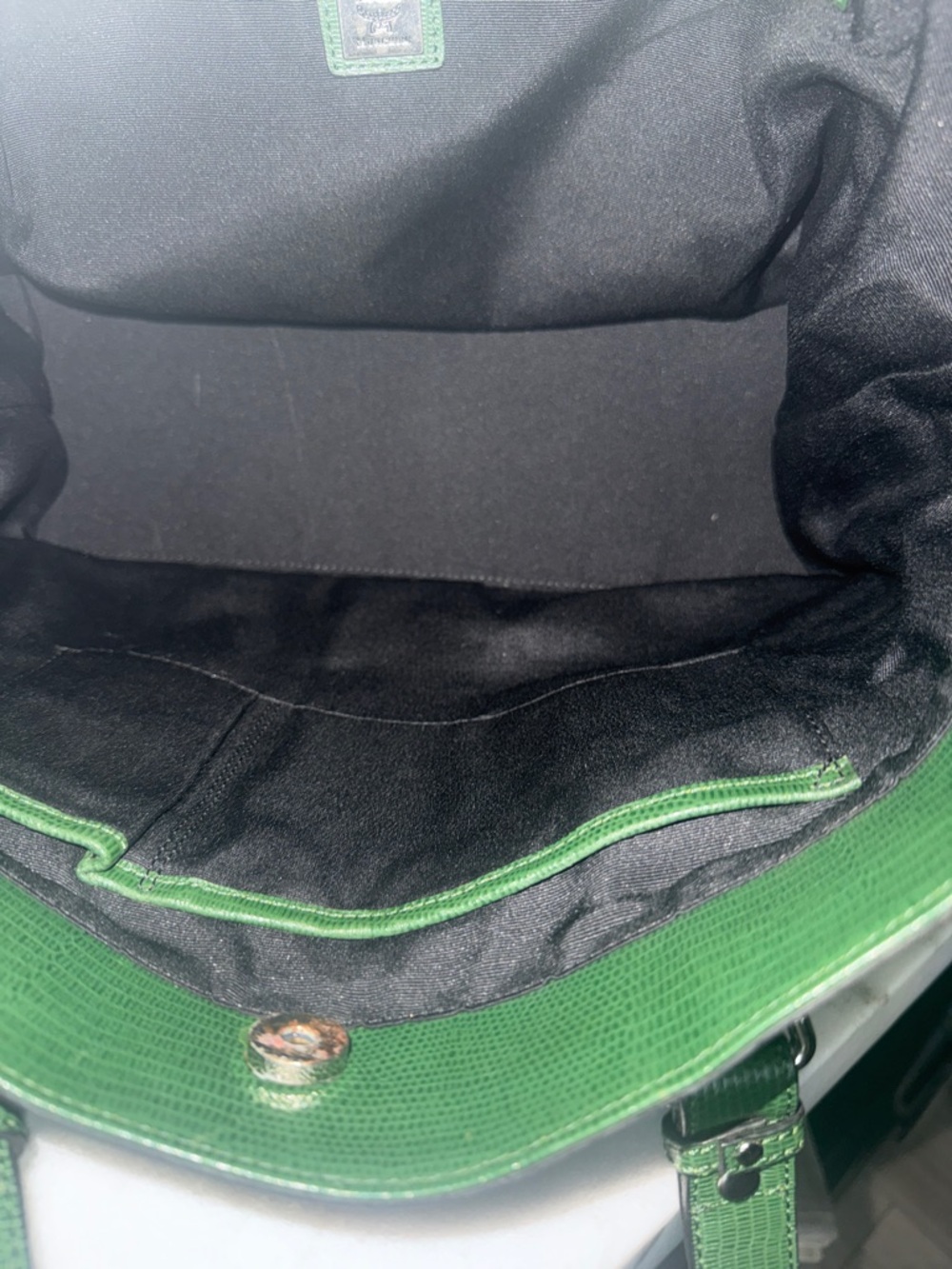 Authentic MCM Black Nylon Tote Green Lizard Embossed Leather Trim-Vintage w/COA - Picture 9 of 16